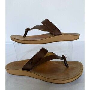 OluKai Kaekae Ko’o Women Sandals Brown Leather Flip Flop Size 7
